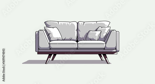 Light Grey Two-Seater Sofa with Mid-Century Modern Legs and Plush Cushions