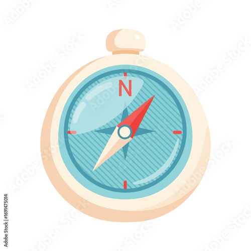 Blue and white navigational compass with a red needle pointing north for a Columbus Day maritime voyage.