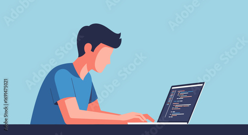 Man Typing Code on Laptop, Dark Hair, Blue Shirt, Focused, Minimalist Style