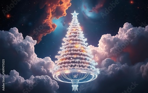 Ethereal festive holiday tree surrounded by cosmic clouds and nebula