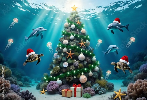 Magical Ocean Christmas Tree Surrounded by Joyful Dolphins and Festive Sea Turtles