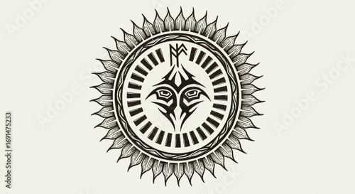 Intricate Black and White Tribal Sunburst Design with Central Face Motif