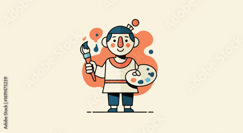 Cartoon Artist Holding Brush and Palette, Smiling, Vector Illustration
