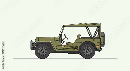 Olive Green Military Jeep Illustration with Black Tires and Canopy