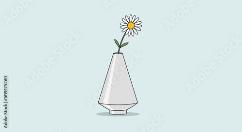 Minimalist vector illustration of a single white daisy flower with yellow center in a grey conical vase.