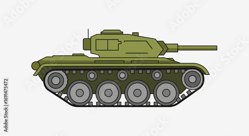 Green Cartoon Tank with Turret and Long Gun Barrel, Side View