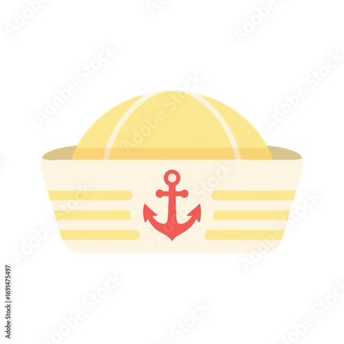 Classic white sailor hat with a yellow ribbon and red anchor emblem for a nautical Columbus Day celebration.