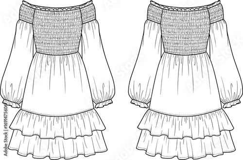 CAD drawing flat vector illustration, off-the-shoulder ruffled dress design, smocked bodice detail, tiered skirt layers, fashion sketch template
