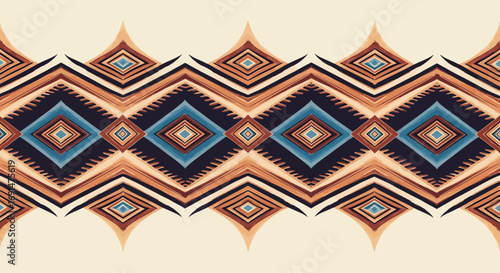 Geometric Ethnic Pattern with Diamond Shapes in Blue and Brown Tones