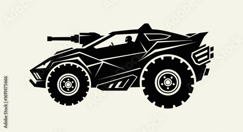 Futuristic armored combat buggy with a roof-mounted cannon and large off-road wheels.