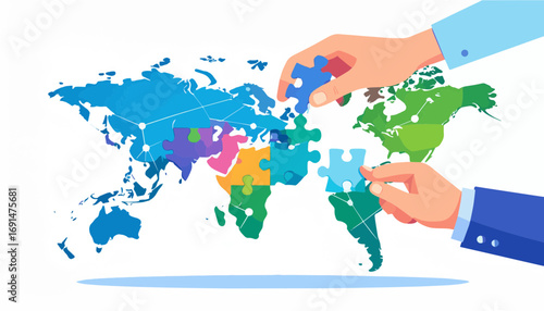 Vector illustration of a world map with puzzle pieces being placed by hands, symbolizing global connection, teamwork, international cooperation, unity, and worldwide business collaboration concept.