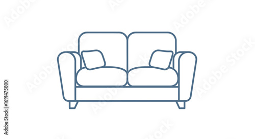 Blue Outline of a Two-Seater Sofa with Pillows, Minimalist Style