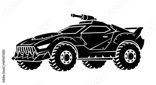 Aggressive Black Armored Vehicle with Turret and Spiked Grille