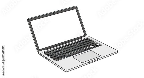 Modern grey laptop with blank screen and black keyboard in isometric line art style