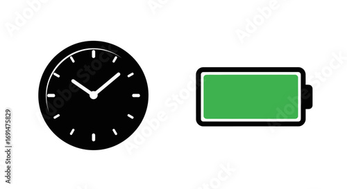Black Clock with Hands and Green Battery Icon Illustration