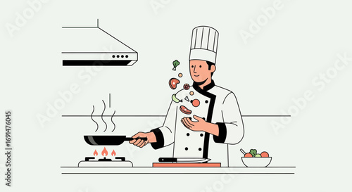 Smiling male chef in uniform cooking, tossing ingredients in a pan, flat illustration style.