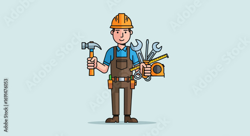 Cartoon Style Construction Worker Holding Hammer and Tools with Orange Hard Hat