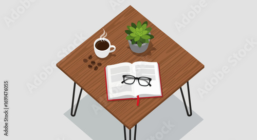 Wooden Table with Coffee, Book, Plant, and Eyeglasses, Top View.