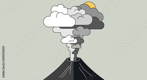 Stylized Volcano Eruption with Clouds and Sun Graphic Illustration