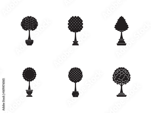 Elegant Topiary Tree Silhouettes Vector Illustration Collection with Different Shapes and Potted Designs for Landscaping and Garden Decor