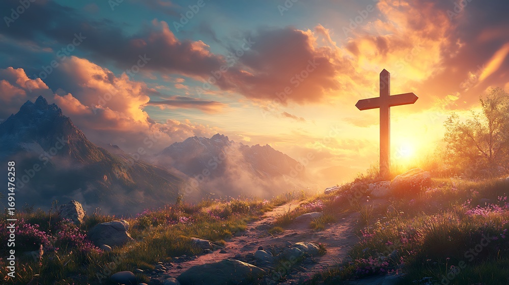Obraz premium Christian cross sunset sky faith hope love religion mountain