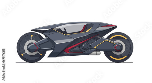 Sleek futuristic concept motorcycle with an enclosed cockpit, angular dark grey body, and vibrant red and yellow accents.