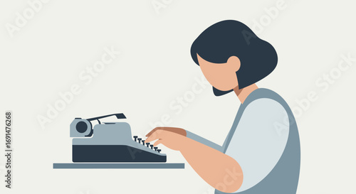 Stylized illustration of a faceless woman with short dark hair typing on a vintage typewriter.