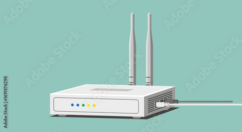 White Wireless Router with Two Antennas and Ethernet Cable