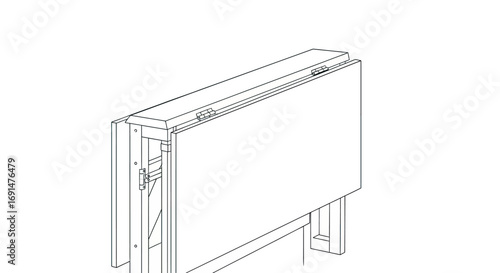 Line art illustration of a partially folded wooden table with visible metal hinges