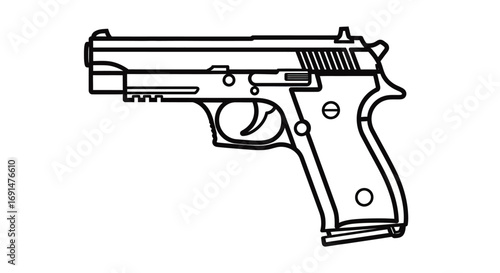 Bold black outline vector illustration of a modern semi-automatic pistol, side view.