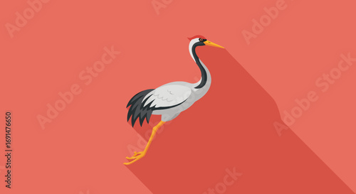 Elegant Flat Design Crane Illustration with White Body, Black Neck Stripe, Red Crown