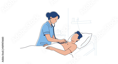 Nurse Examining Patient's Chest with Stethoscope in Hospital Room