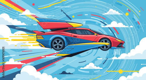 Futuristic Red and Blue Sports Car Soaring Through Sky