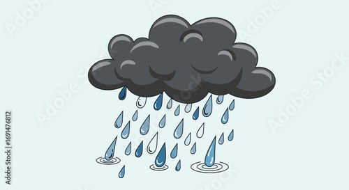 Dark grey cartoon cloud raining blue raindrops, creating ripples, flat illustration style.