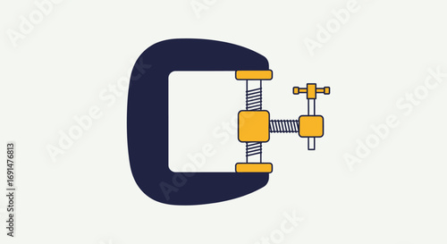 Stylized C-Clamp Illustration with Screw Mechanism in Blue and Yellow