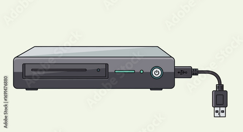 Sleek Gray Computer Tower with Connected USB Cable and Power Button