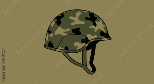 Camouflage Military Helmet, Green and Black Pattern, Side View Illustration