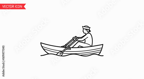 Line Art Illustration of a Person Rowing a Boat on Water