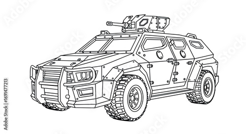 Armored Personnel Carrier Line Drawing: Detailed illustration of a heavily armored military vehicle with a mounted turret gun, featuring robust tires and a rein
