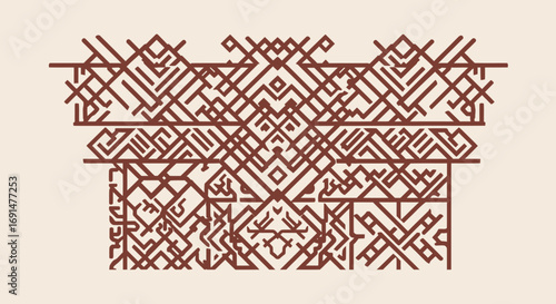 Intricate brown geometric pattern, abstract tribal motifs, symmetrical design, detailed lines, cultural art.