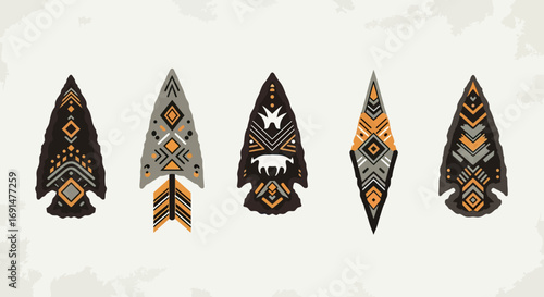 Decorative Arrowheads with Geometric and Animal Motifs in Native American Style