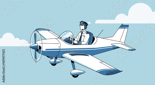 Single-Engine Propeller Airplane with Pilot in Flight