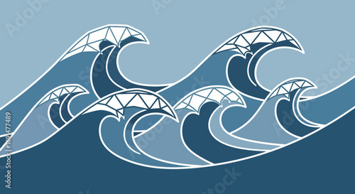 Stylized Geometric Waves in Shades of Blue and White