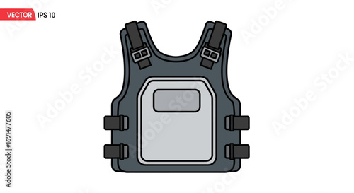 Vector illustration of a dark grey tactical body armor vest with adjustable straps and front plate.