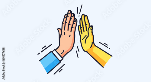 Two stylized hands, one orange and one yellow, giving a high five.