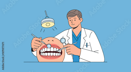 Cartoon Dentist Examining Patient's Teeth with Dental Tools