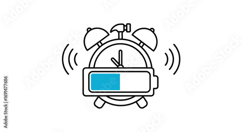Alarm Clock Battery Icon with Hammer and Signal Waves