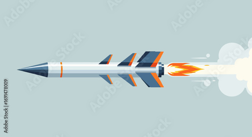 Stylized white and gray rocket with blue and orange fins, pointed nose, launching with fiery exhaust.