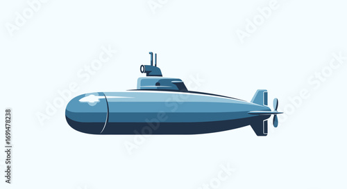 Blue Cartoon Submarine Illustration with Periscope and Propeller, Side View
