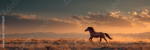 Wild Horse Galloping at Sunset: A majestic wild horse gallops freely across an open field, silhouetted against a dramatic sunset, embodying freedom and the untamed spirit of the American West.